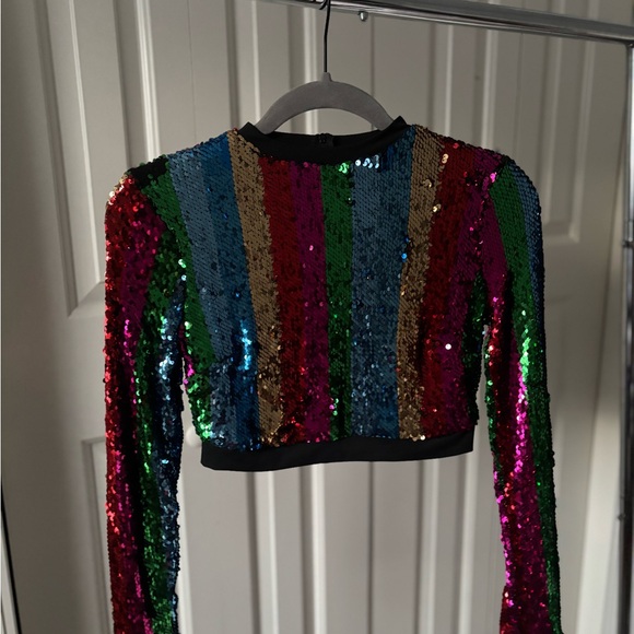 Cropped Long Sleeve Sequin Top - Multicolor Stripes - Picture 8 of 15